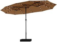 PHI VILLA 15ft Large Patio Umbrella with Solar Lights, Double-Sided Outdoor Market Rectangle Umbrellas with 36 LED Lights, Umbrella Base (Stand) Included, Maillard Brown