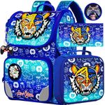 3PCS Backpack for Boys, 15" Kids Bookbag with Lunch Box, Tiger Schoolbag for Elementary Preschool Kindergarten(Blue)