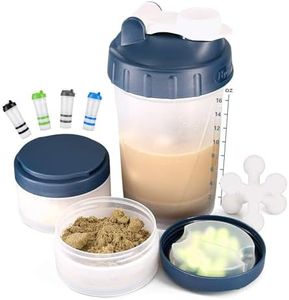 Hydro2Go 16oz Protein Shaker Bottle with Shaker Ball and 2 Storage Jars | BPA-Free Plastic Cup with Clear Measurement Scale | Perfect for Protein Mixes and Pills | Portable Pre-Workout Drink Cup（Navy）