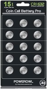 POWEROWL High Capacity CR1632 Battery (15-Pack) CR 1632 3v Lithium Batteries, 10 Years Leak-Free
