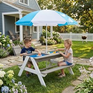 3-in-1 Kids Cedar Picnic Table with Umbrella, Sand & Water Play | Gray finish, seating for 4 children ages 3+, and a removable 43-inch umbrella with adjustable height.