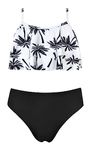 SHEKINI Girls Floral Printing Bathing Suits Ruffle Flounce Two Piece Swimsuits (Black, 8-10 Years)