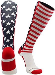 USA American Flag Stars and Stripes Over the Calf Socks (Navy/Red/White, Large) - Patriotic Knee High Socks for Softball, Baseball, Football, Soccer & More - Patriotic Sports Socks