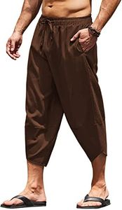 COOFANDY Men's Linen Harem Capri Pants Lightweight Loose 3/4 Shorts Drawstring Elastic Waist Casual Beach Yoga Trousers Coffee