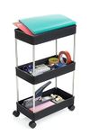 JD Layer Storage Rolling Cart，Trolley with Drawer, Kitchen Storage Organizer with Plastic Shelf & Metal Wheels, Storage Cart for Living Room, Kitchen, Office, Bathroom, (3 Layer Black)