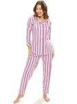 LOTIK Women's Cotton Pink Strip Printed Front-Open Full Sleeve Sleepwear Set