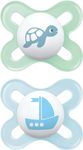 MAM Original Start Soother 0-2 Months (Set of 2), Baby Soother Made from Sustainable Material, SkinSoft Silicone Teat, with MAM Soother Case, Blue (Designs May Vary)