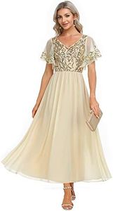 Ever-Pretty Robe Demoiselle d'honneur Femme Longue à Paillettes Manches Courtes Col V A Line Fluide Chic Or 42