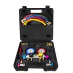 BACOENG Pro 4 Way AC Diagnostic Manifold Gauge Complete Set for R134A R410A R22, with 5FT Hose, 3 Acme Tank Adapters, Adjustable Quick Couplers and Universal Can Tap