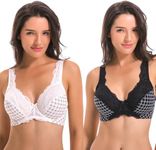 Curve Muse Women's Minimizer Unlined Underwire Bra with Lace Embroidery-2 Pack-White,Black-36DDD (EU:80F)