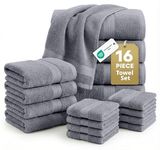 Lane Linen 16 PC Bath Towels - 100% Cotton Towels for Bathroom, Premium Quality Hotel Towels, Highly Absorbent Bathroom Towel Set, Super Soft, 4 Bath Towels, 4 Hand Towels, 8 Wash Cloths - Cool Grey