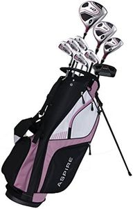 Aspire XD1 Ladies Womens Complete Golf Clubs Set Includes Titanium Driver, S.S. Fairway, Hybrid, 6-PW Irons, Putter, Bag, 3 H/C's Pink Petite Size