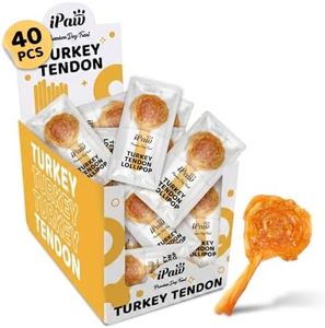 iPaw Turkey Tendons for Dogs 40 Pcs Bulk Pack, 100% Turkey and US Sourced Raw Material, Hypoallergenic, All Natural Human Grade Puppy Chew, Rawhide Alternative Dog Treats, Lollipop (Small)