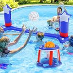 Large 116" Inflatable Pool Volleyball Court & Basketball Hoops Pool Float Set Printed with the American flag for Family,Adults and Kids 4th of July Floating Pool Volleyball & Basketball Toy Set