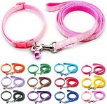 Doggie Style Store Small Dog Puppy Pet Cat Kitten Collar and Lead Set Pawprint Design Nylon Adjustable with Bell Leash Light Pink