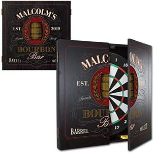 Personalized Dart Board Cabinet Set with 6 Steel Tip Darts Set, Paper Dartboard, Chalk & Eraser (21.5 x 21.5 x 2.75") - Man Cave Furniture, Decor Dart Boards for Adults - Bourbon Bar Design (121)