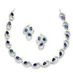 ZENEME Rhodium-Plated with Silver-Toned Blue and White Cubic Zirconia & American Diamond studded Necklace and Drop Earrings Jewellery Set (Blue) For Women