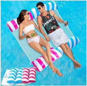 2 Pack Inflatable Pool Floats for Adults, Multi-Purpose 4-in-1 Swimming Rafts with Bottom Mesh, Durable and Portable Water Lounge for Vacation Fun