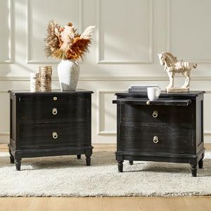 HULALA HOME Solid Wood Storage End Tables with Hidden Pull-Out Shelf, Transitional 2 Drawer Side Tables with Charging Station, Large SideTables with USB Ports, Easy Assembly, (Set of 2, Charcoal)
