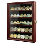 Military Challenge Coin Display Case with HD Tempered Glass Door and 5 Rows Coin Holder Display Cabinet Shadow Box Frame with Removable 2 Grooves Shelves, Mahogany