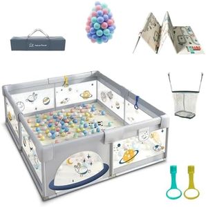 Joyeuse Planet - Parc bébé complet avec Tapis, Parc bébé en Tissu Oxford, Centre d'activités intérieur et extérieur, Parc De Jeux Bébé avec Filet Respirant Sur Quatre Côtés et Ventouses (120 x 120 cm)