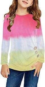 Ecokauer Girls Shirts Summer Outfits Casual Long Sleeve Girls' Tops, Tees & Blouses for Children Side Buttons Tie Dye Cute T Shirts Birthday Shirts Fashion Outfits Size 6-7 Tie Dye Pink