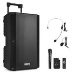 VONYX VSA700-BP 15" Portable PA Active Speaker System, Big Bluetooth Speaker with Battery, Wireless Handheld and Headset Bodypack Microphones, Powered PA, Rechargeable Battery - 1000W