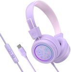 MEE audio KidJamz Safe Listening USB-C Headphones for Children with Multicolor LED Lights, Volume Limiter, & Microphone, On-Ear Wired Kids Headset for iPhone 15, iPad, & USB Type C Devices (Lavender)