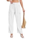 Famulily Women's Trousers Linen Cargo Pants Casual Pleated Wide Leg Pants with Pockets White S