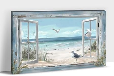 Beach Wall Art, Blue Ocean Canvas Wall Decor, Beach Theme Window Frame Style Canvas Wall Decor Blue Sea Pigeon Painting, Nature Coastal Sand Landscape Framed Artwork for Living Room Bathroom 18"x24"