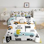 Cartton Car Kids Comforter Set Racing Sports Game Bedding Set Decor Cute Dinosaur Racer Comforter Gift for Racing Lover White Blue Duvet Set Bedroom Quilt Set 2Pcs Twin