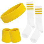 ONUPGO 5 Pieces Striped Sweatbands and Socks Set Sports Striped Headband Wristbands Sweatbands Striped High Sock for Men Women Sports and 80s Party (Yellow/White/Yellow)