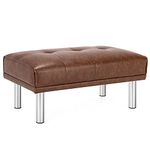 COSTWAY PU Leather Ottoman Bench, Tufted Upholstered Footstool Seat with Stainless Steel Legs, Rectangle Bed End Stool Sofa Bench Footrest for Living Room, Bedroom and Entryway (Brown)