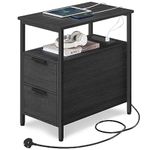VASAGLE Slim Side Table with Charging Station, Narrow End Table with 2 Drawers, Bedside Table with Storage, for Living Room, Bedroom, Charcoal Grey and Classic Black LET326B22