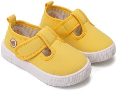 GENGASUN Toddler Girls T-Strap Canvas Sneakers for Little Kids Classical Comfortable Mary Jane Canvas Flats, Non-Slip Casual Canvas Sneaker for Girls(Yellow,5)