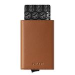 VULKIT Pop up Card Holder Genuine Leather Bifold Wallet with Banknote Compartment, ID Window & Coin Pocket(Brown)