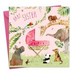 Twizler New Baby Sister Card with Pink Crib and Jungle Animals - New Baby Card - Cute Sister Card - Congratulations Card - New Baby Gifts - Baby Girl Gifts - Baby Sister Gifts