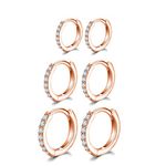 14K Rose Gold Plated Hoop Earrings, 925 Sterling Silver Post Rose Gold Hoop Earrings with AAA Cubic Zirconia, 3 Pairs Small Sleeper Hoops Huggie Hinged Earrings (8/10/12mm)