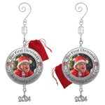 2023 Christmas Photo Ornament - Set of 2 - Our First Christmas As Grandparents - Enameled Red Bow and Lamb Accents - Dated Charm and a Decorative Hook for Xmas Tree - Gift/Storage Bag Included