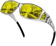 KANASTAL Grey Night Driving Glasses Mens Headlight Anti Glare Night Driving Glasses Womens Rectangular Curved Fit Over Night Driving - Grey Yellow Lens