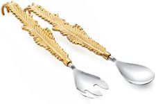 Gold Leaf Salad Servers Brass & Stainless Steel, Fork & Spoon Set Leaf Design, Two Tone Ideal for Weddings, Dinner, Elegant Flatware, Housewarming, Stainless Steel Mirror Polished