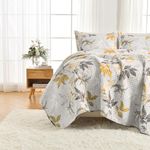 HollyHOME 3 Pieces Full/Queen Size Quilt Set, Coverlet Reversible Bedspreads Bedding Set Yellow and Grey Leaf Print Soft Lightweight All Season, Full/Queen (1 Quilt, 2 Pillow Shams)