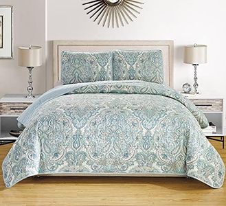 3-Piece Fine Printed Oversize (115 X 95) Quilt Set Reversible Bedspread Coverlet King Size Bed Cover (Pale Blue Grey Paisley)