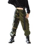 Rolanko Girls Hip Hop Trousers Kids Cargo Pants Elasticated Jogger for Streetwear Dance(Camo Green,Tag Size 170)