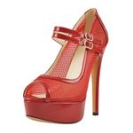 Only maker Women's Mary Jane Platform Pumps Buckle Straps Peep Toe Hollow Out Heeled Sandals Sexy Stiletto High Heels Red Size 2