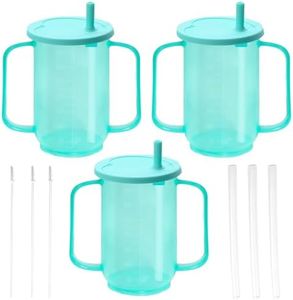 SENONAPO 3 Pcs Adult Sippy Cups for Elderly with 2 Handles and Straw Lid 12 oz Plastic Straw Cups Elderly Drinking Cups Green Spill Proof Cups for Adults Disabled Patients Hospital Supplies