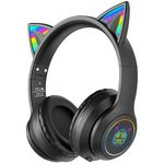 SIMGAL Bluetooth Cat Ear Headphones for Kids, Wireless & Wired Mode Foldable Headset with Mic, RGB LED Light, for Girls School Gaming, Compatible with Mobile Phones PC Tablet