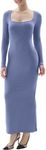 SHAPERX Women's Long Sleeve Dress Soft Lounge Ribbed Square Neck Bodycon Maxi Dresses, SZ5280-Blue-XL