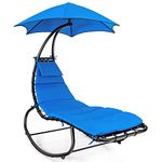 COSTWAY Outdoor Rocking Chair Chaise Lounger, Swing Rocking Sunbed with Removable Canopy & Cushion, Curved Steel Patio Lounge Chair Reclining Rocker for Garden, Beach, Lawn and Poolside (Blue)