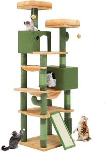 YITAHOME 76in Tall Cactus Cat Tree Tower with Self-Grooming Brush, Cute Cat Climbing Tower for Indoor Cats with Cat Condo, Plush Platform, Hammock, Sisal Scratching Posts, Toy Balls